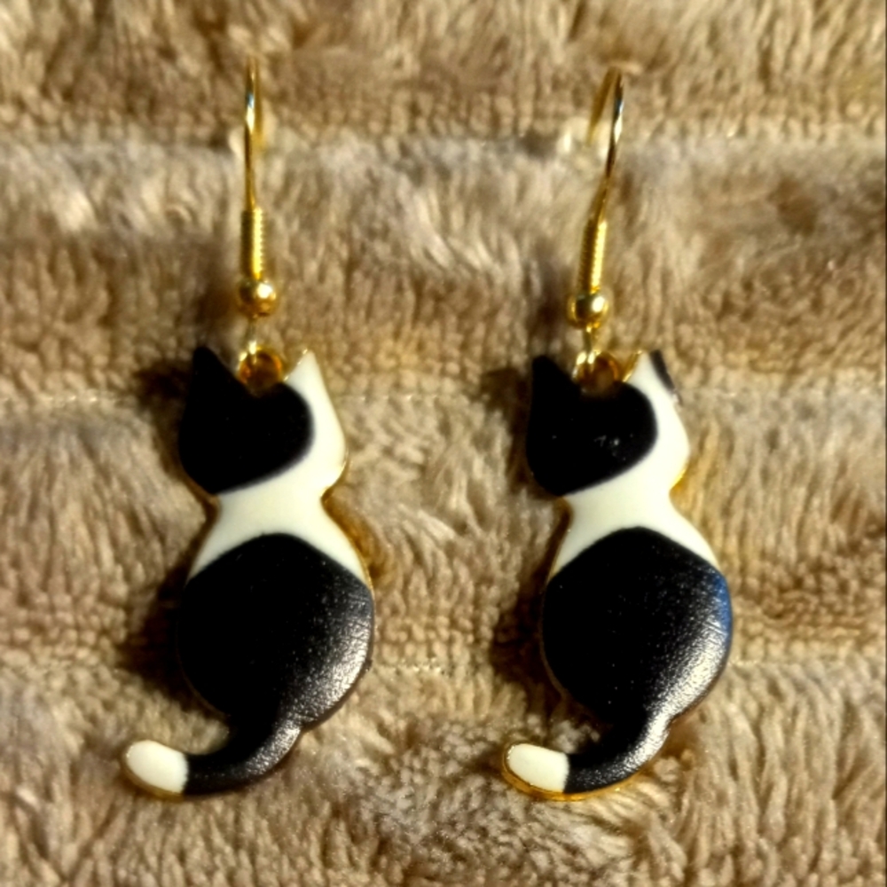 Hand Crafted Cat Earrings  Black and White Enamel